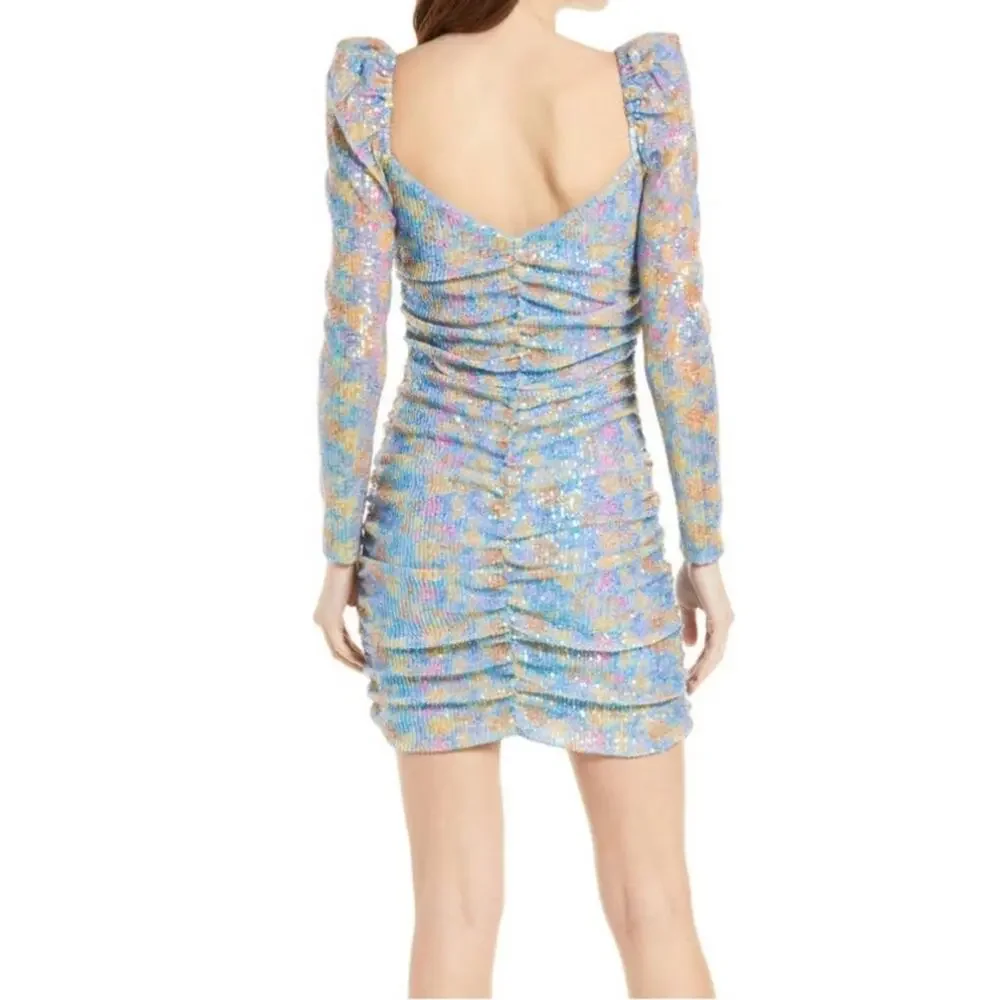 NEW Saylor Lawrence Floral Long Sleeve Sequin Ruched Mini Dress LARGE